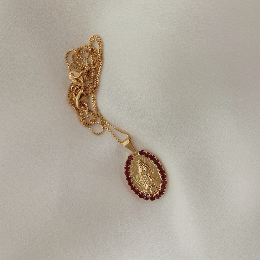 Virgin Mary Garnet Necklace | 18k Gold Filled - Picture 4 of 6